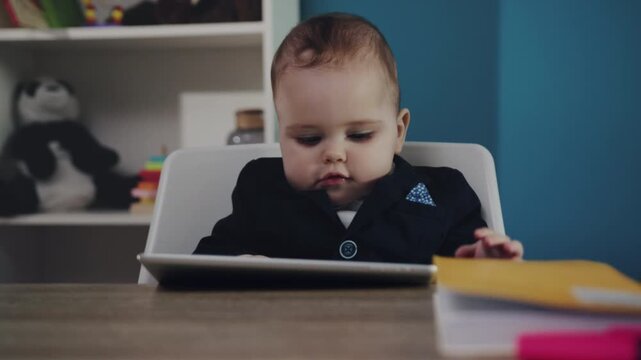 Inquisitive infant interacts enthusiastically with technological devices and learning toys on workspace