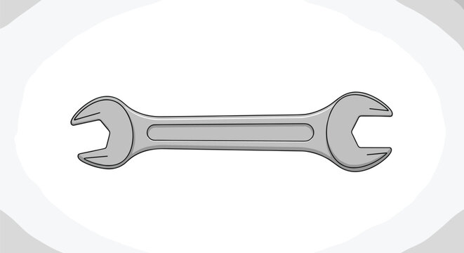 A single silver double-ended wrench is horizontally positioned on a light gray and white textured background.