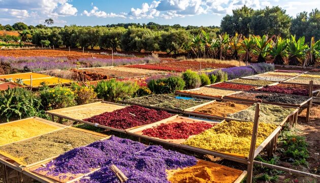 Vibrant and diverse spice farm landscape showcasing colorful trays of drying herbs and spices amidst cultivated fields under a bright blue sky, revealing the essence of natural cultivation.