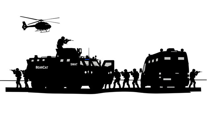 A dramatic black silhouette capturing a highly coordinated SWAT team operation, featuring heavily armed officers advancing alongside robust armored vehicles like a BearCat and a tactical bus