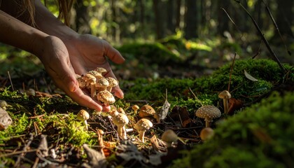 Obraz premium Close-up of human hands gently gathering a vibrant cluster of freshly picked wild mushrooms from a sunlit forest floor, highlighting an earthy harvest.