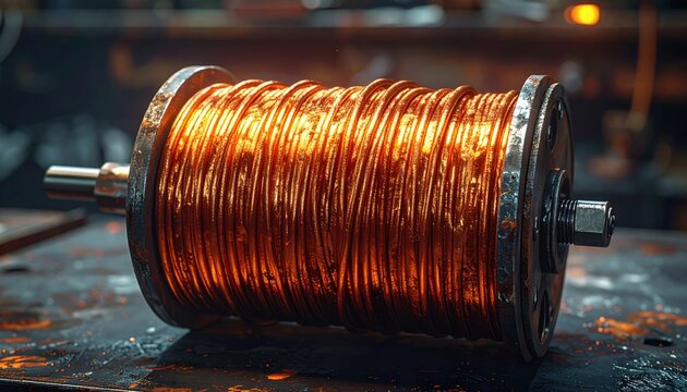 A tightly wound copper wire coil on a spool, displaying a rich oxidized patina and a gleaming, shiny metallic surface within an industrial setting.