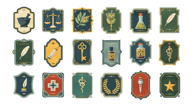 A grid of eighteen ornate, vintage-style labels featuring alchemical and apothecary symbols like a mortar and pestle, scales, and plants, is displayed on a white background.