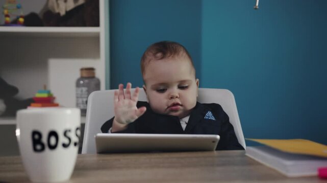 Child suit desk, Young child dressed professionally sitting at desk with various office supplies and background
