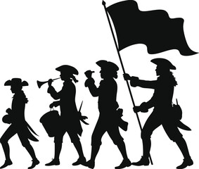 Black Revolutionary War Soldier Silhouette Set with Flag Drummer and Trumpet Player Vector for Historical Military Parade Celebration Isolated on White Background Graphic Design © Asib