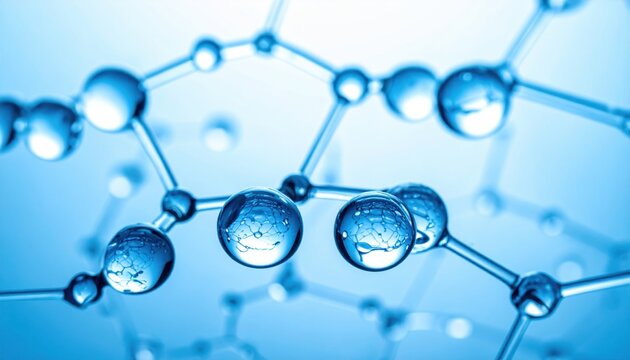 Gleaming water droplets forming a complex molecular network of nanotubes against a blue background