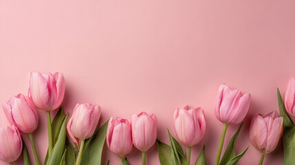 Obraz premium Soft pink tulips border on blush background with elegant copy space for spring floral design 