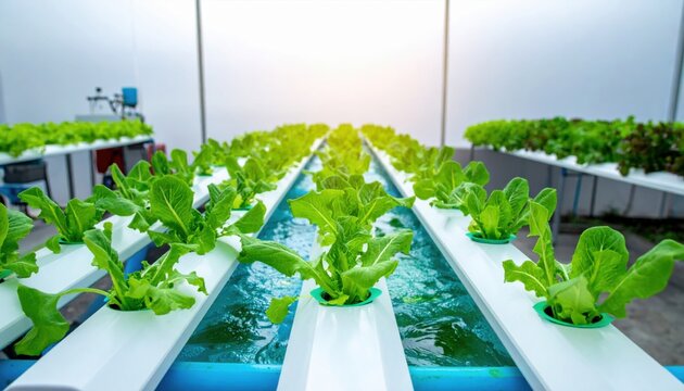 Vibrant green plants thriving in a modern vertical hydroponic farm with glowing nutrient-rich water channels, symbolizing sustainable urban agriculture.