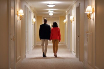 Couple walking down hotel corridor holding hands