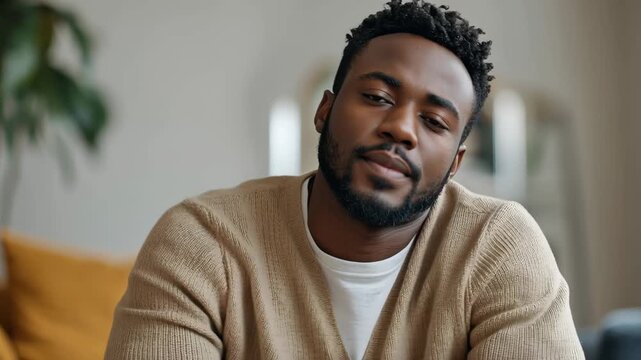 Counseling session with a black man reflecting on personal growth and mental well-being in a comfortable therapy setting