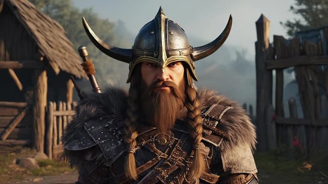 Rugged Warrior with Viking Helmet and Beard, Intense Gaze, Medieval Armor, Outdoor Portrait, Fantasy Concept