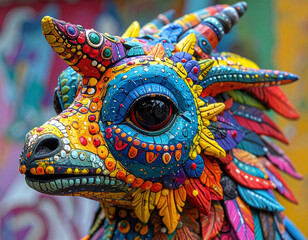 Obraz premium Explore Mexican heritage with this stunning, colorful alebrije. Featuring intricate patterns and a mythical eye, it symbolizes creativity and folk art mastery for any vibrant design project.
