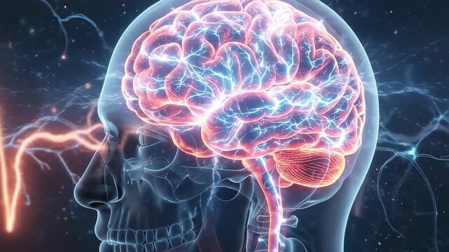 Human Brain with Highlighted Red Area Showing Pain, Medical Illustration of Headache, Stroke, and Neurological Disorders