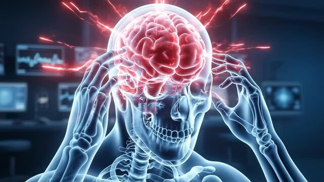 Human Brain with Highlighted Red Area Showing Pain, Medical Illustration of Headache, Stroke, and Neurological Disorders
