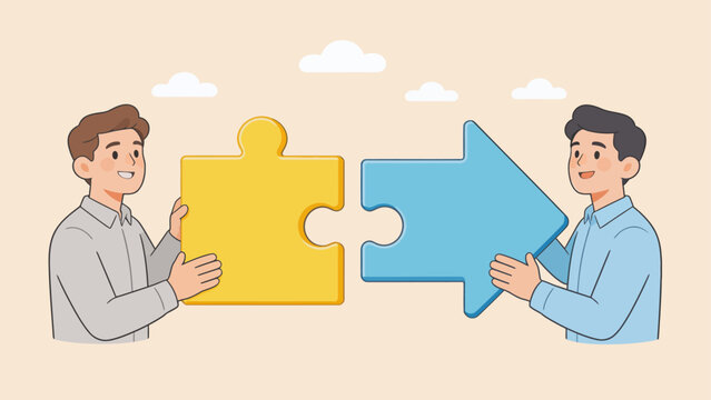 Two men connecting puzzle pieces