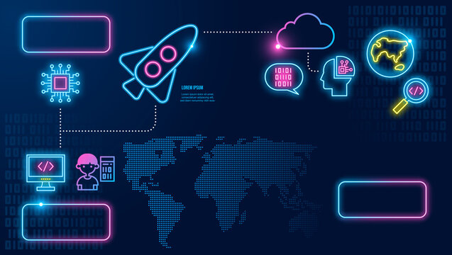 kid coding infographic icon neon. boy programming on laptop in computer language. children Learning kids coding school. teach to create computer and mobile phone apps.