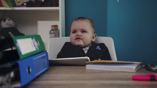 Cheerful toddler presents with authority, An adorable infant exhibits confident corporate demeanor in office