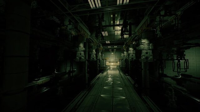 Empty transit corridor with neon green glow, wet concrete floor and scattered puddles, overhead conduits and graffiticovered walls, urban decay meets