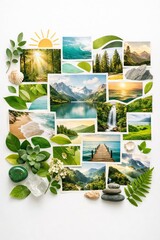 Fototapeta premium Nature Landscape Collage: Scenic Wilderness Environment, Sustainability Ecology Concept, Travel Adventure Featuring Mountains, Forest, Ocean, Waterfall, And Coastline Elements On White Background