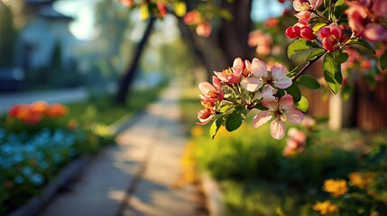 Fototapeta premium Spring Blossom Path: Sunlit Garden with Pink Flowers and Green Foliage
