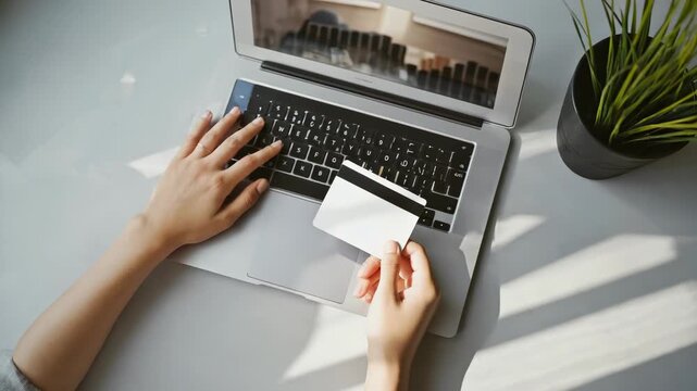 Woman Holding Credit Card Near Laptop for Online Shopping or Payment, Focus on Secure Transactions and Digital Lifestyle.