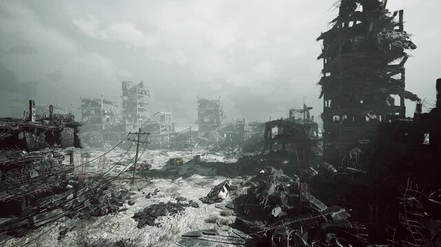 muddy flooded ruins with standing water and siltfilled streets, puddles reflecting broken towers and ashladen sky soggy terrain, algae patches and scattered