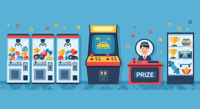 Retro arcade funfair with claw machines and prize booth