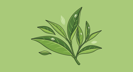 A detailed illustration of vibrant green tea leaves adorned with water droplets presented as a striking silhouette high quality professional modern © GDMala02