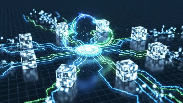 Futuristic technology concept with glowing circuit, neon lines, and cube structures on grid background.