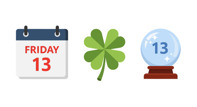 Friday 13th symbols: calendar, clover, and crystal ball