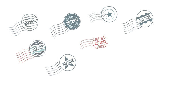 Postmark designs featuring years from 2012 to 2018 with wave patterns
