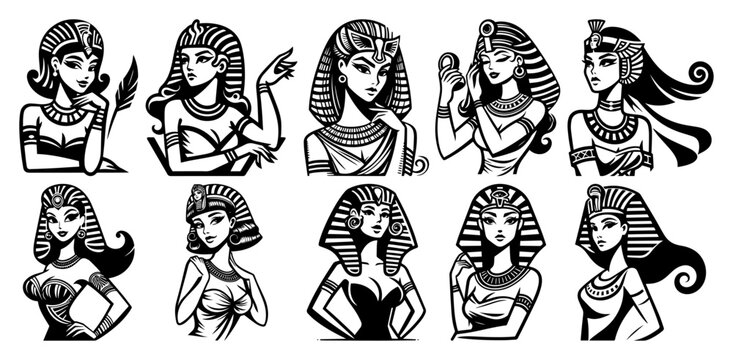 Ancient Egyptian Queen Cleopatra Character Set Illustration Vector Black and White Portraits of Female Pharaohs