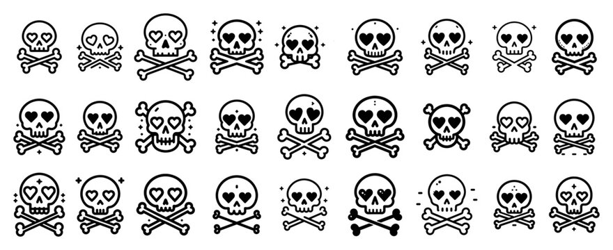 Cute Skull with Heart Eyes and Crossbones Icon Set Doodle Illustration Vector for Valentine Day and Rock Style Designs