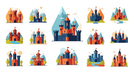 A colorful collection of fairytale castles and towers depicted in a flat illustrative style a charming silhouette high quality professional detailed © GDMala02