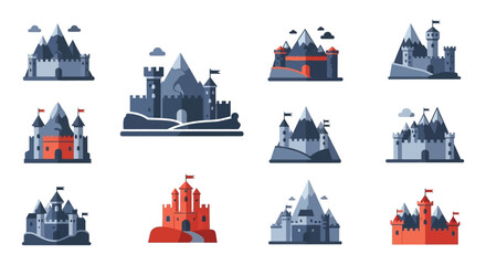 A collection of colorful flat design castle illustrations with varied architectural details presented as a striking silhouette high quality professional detailed modern © GDMala02