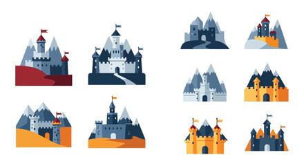 A colorful collection of fairytale castles depicted in a flat illustrative style presented as distinct silhouettes high quality professional detailed modern © GDMala02