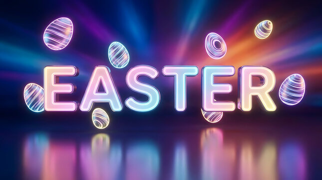 Easter Neon text with glowing Easter eggs colorful light background Easter glowing with eggs design