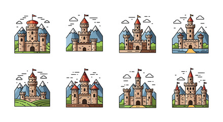 A colorful illustration depicts eight distinct castle designs against mountainous backgrounds showcasing a flat vector silhouette high quality professional detailed modern © GDMala02