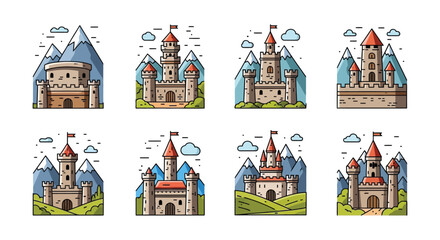A colorful illustration depicts various fairytale castles against mountainous backdrops showcasing a distinctive silhouette high quality professional detailed modern elegant stylish © GDMala02