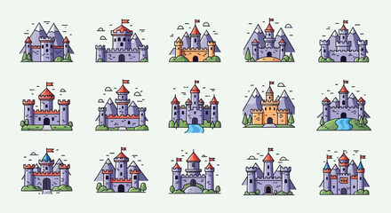 A colorful collection of illustrated castles varying in design and detail presented as a flat graphic silhouette high quality professional detailed © GDMala02