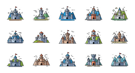 A colorful collection of illustrated castles featuring multiple designs and vibrant details presented as a silhouette high quality professional detailed modern © GDMala02