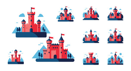 A collection of vibrant flat style castle illustrations arranged against a white background showcasing a playful silhouette high quality professional detailed modern © GDMala02