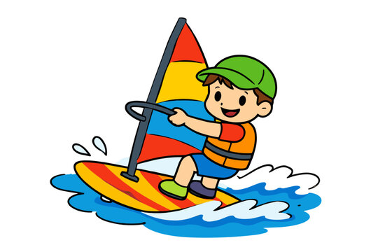 A cheerful boy rides a windsurf board over splashing waves in a colorful cartoon scene. Summer water sport, seaside adventure and active vacation concept.