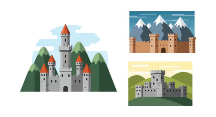 Stylized illustrations depict medieval castles set against mountainous backdrops showcasing a distinct graphic silhouette high quality professional detailed modern elegant stylish © GDMala02
