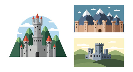 A colorful illustration depicts various castle designs against mountainous and natural backgrounds a striking silhouette high quality professional detailed modern elegant © GDMala02
