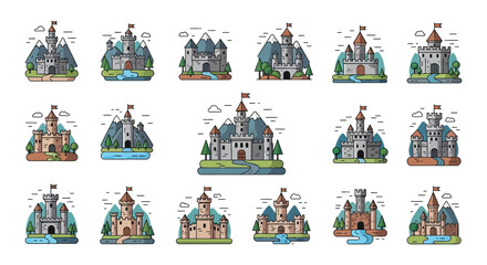 A colorful collection of fairytale castles and mountainous landscapes depicted in a flat illustrative style silhouette high quality professional detailed modern © GDMala02