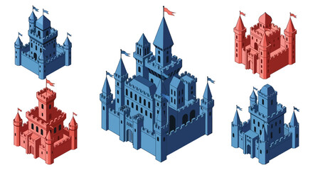 Isometric view of colorful castle structures arranged against a white background featuring a distinct silhouette high quality professional detailed modern elegant © GDMala02