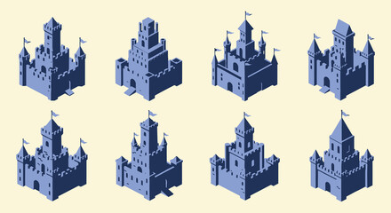 Isometric view of multiple blue castles with red flags arranged on a pale yellow background silhouette high quality professional detailed © GDMala02
