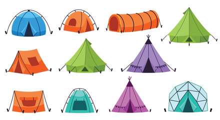 Colorful collection of various cartoon style tents and shelters displayed together © DailyLifeStock
