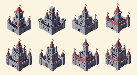 Isometric view of six medieval castles with red roofs and detailed stonework presented as a dark silhouette high quality professional modern © GDMala02